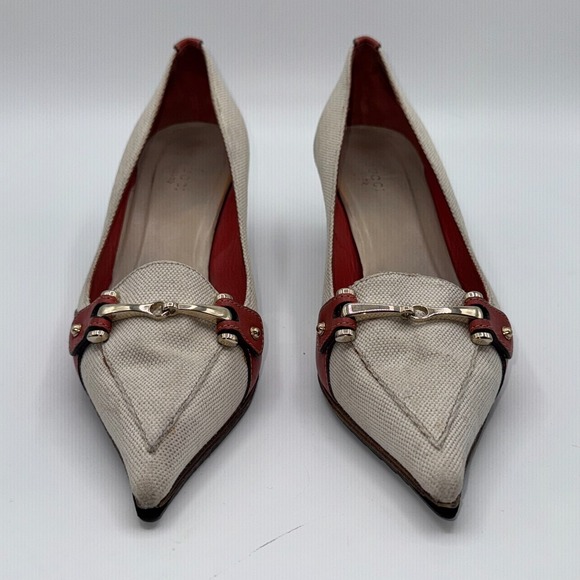 Gucci Womens Pumps US 8.5 B Gray Red Canvas Horsebit Pointed Toe Kitten Heel - Picture 2 of 13